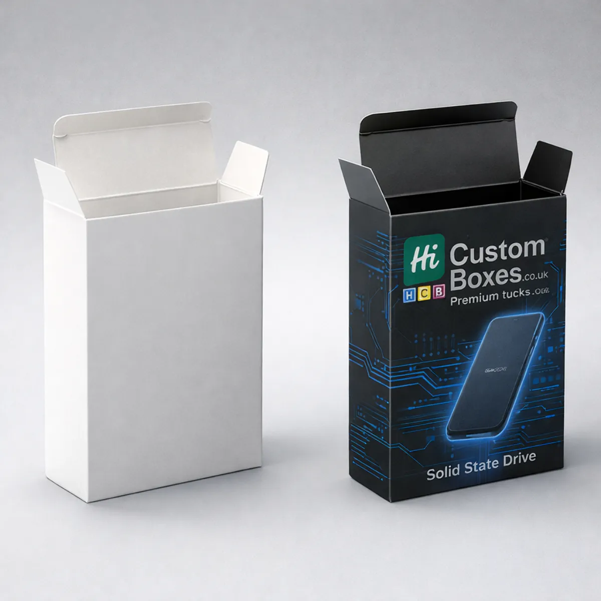 3D render showing an open white tuck-top box and a branded black SSD cardboard box. class=